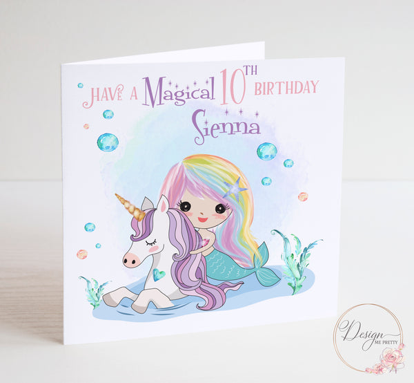 Mermaid and Unicorn Girls Birthday Card