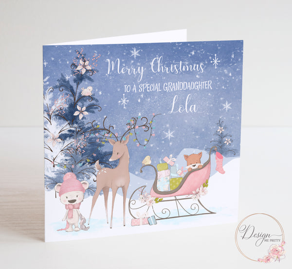 Cute Girls Christmas Card with Bear & Friends