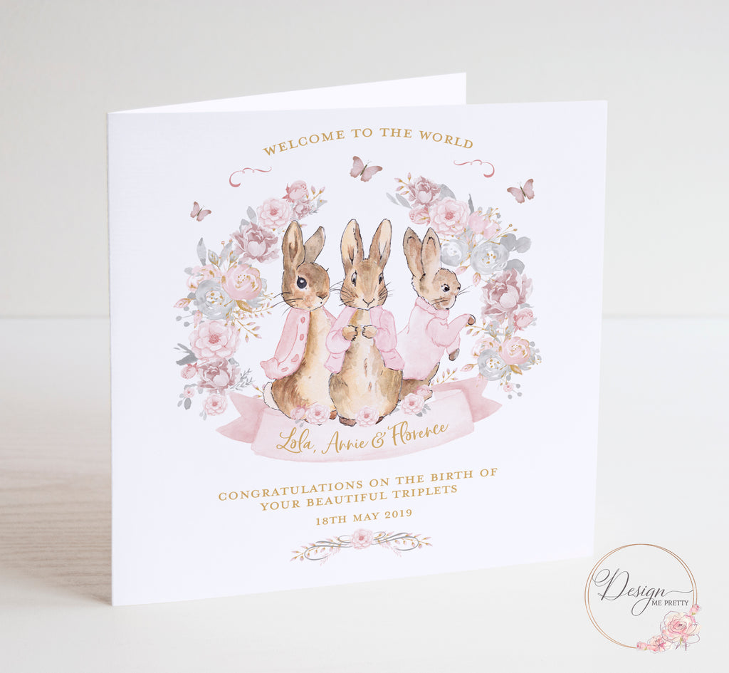 Peter Rabbit Triplet New Baby Card - Baby Girls