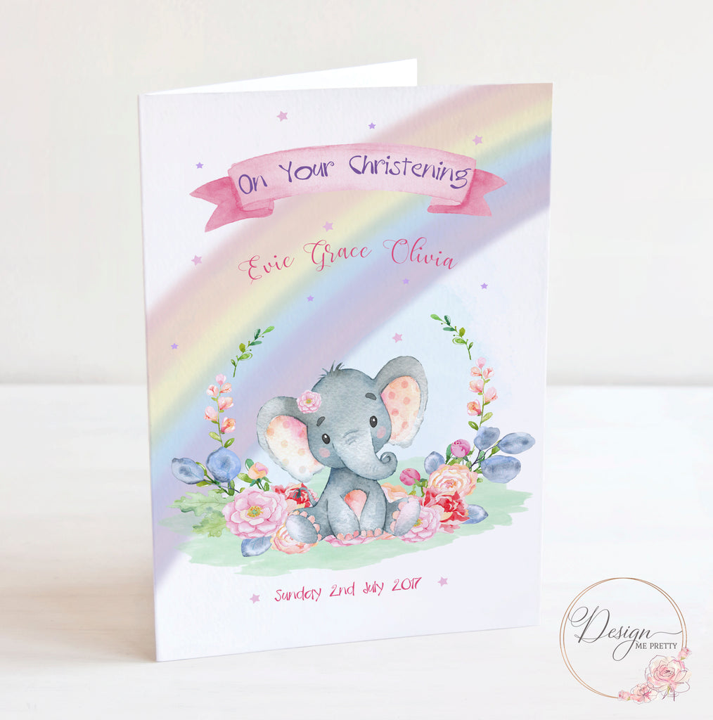 Girls Baby Elephant Christening Card