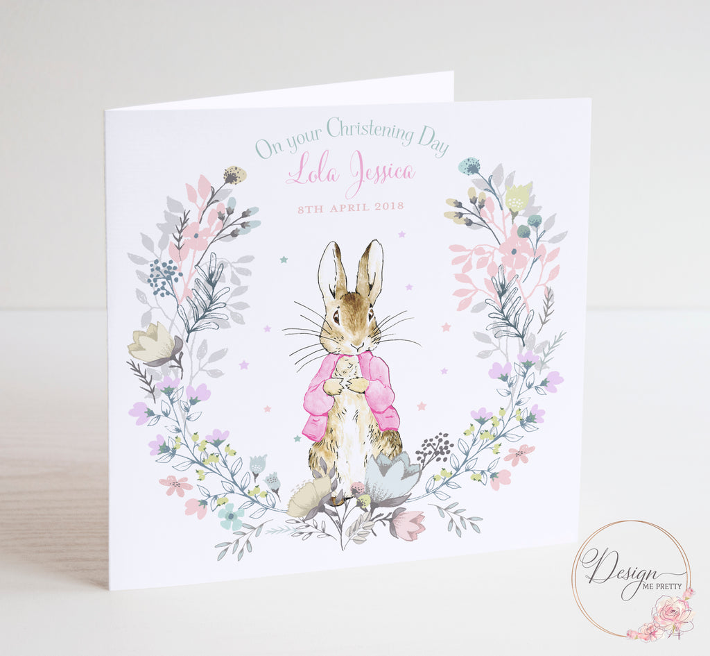 Peter Rabbit Girls Christening Card - Flopsy