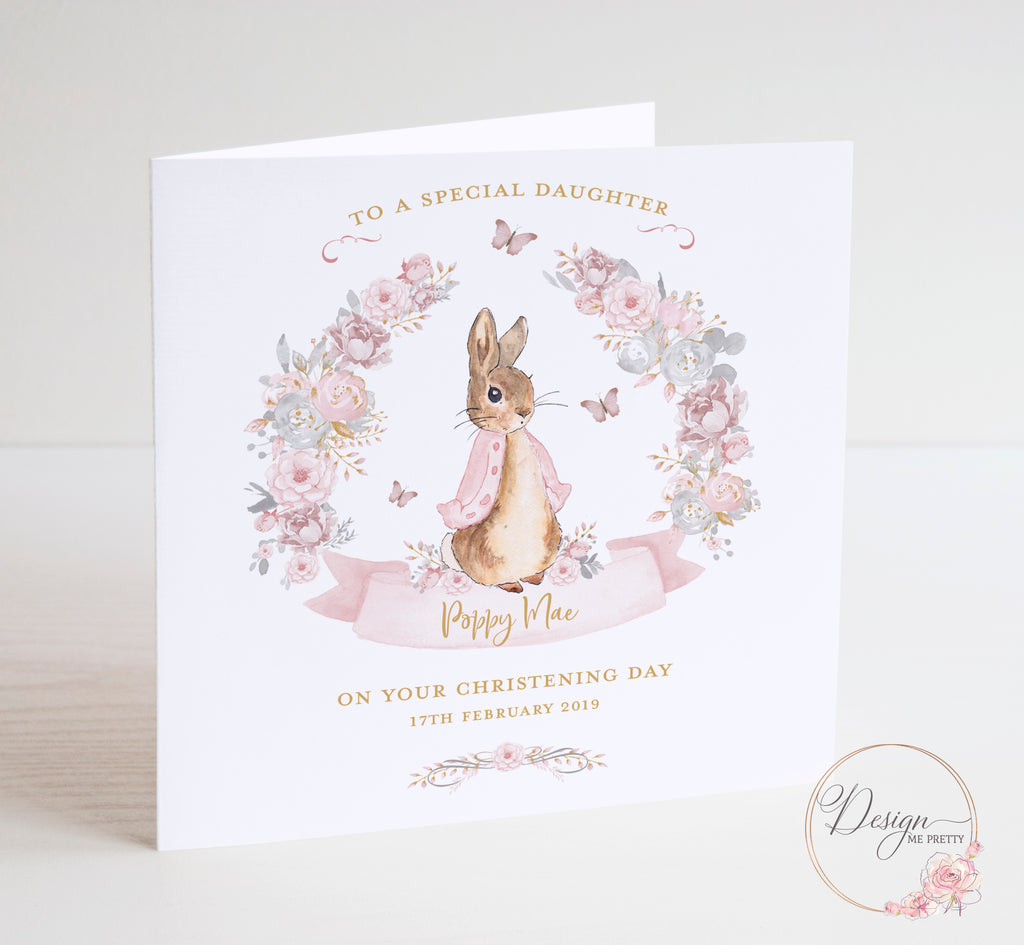 Peter Rabbit Girls Christening Card - Flopsy