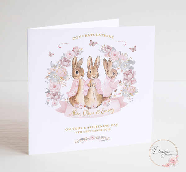 Peter Rabbit Triplets Christening Card - Flopsy