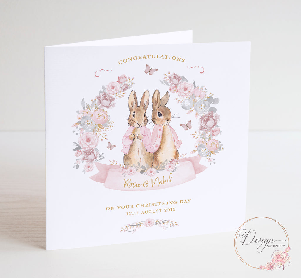 Peter Rabbit Twins Christening Card - Flopsy