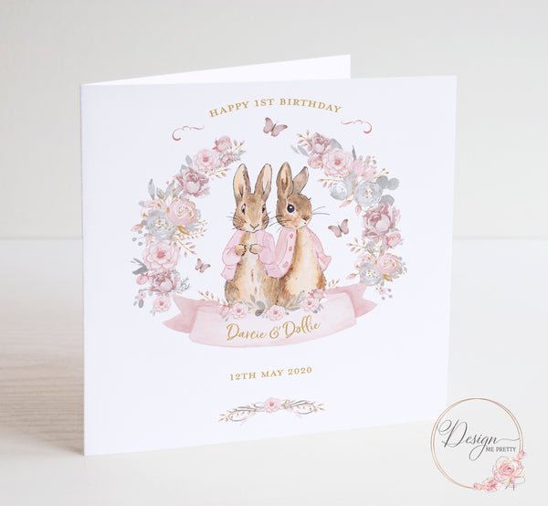 Peter Rabbit Twin Girls Birthday Card - Flopsy