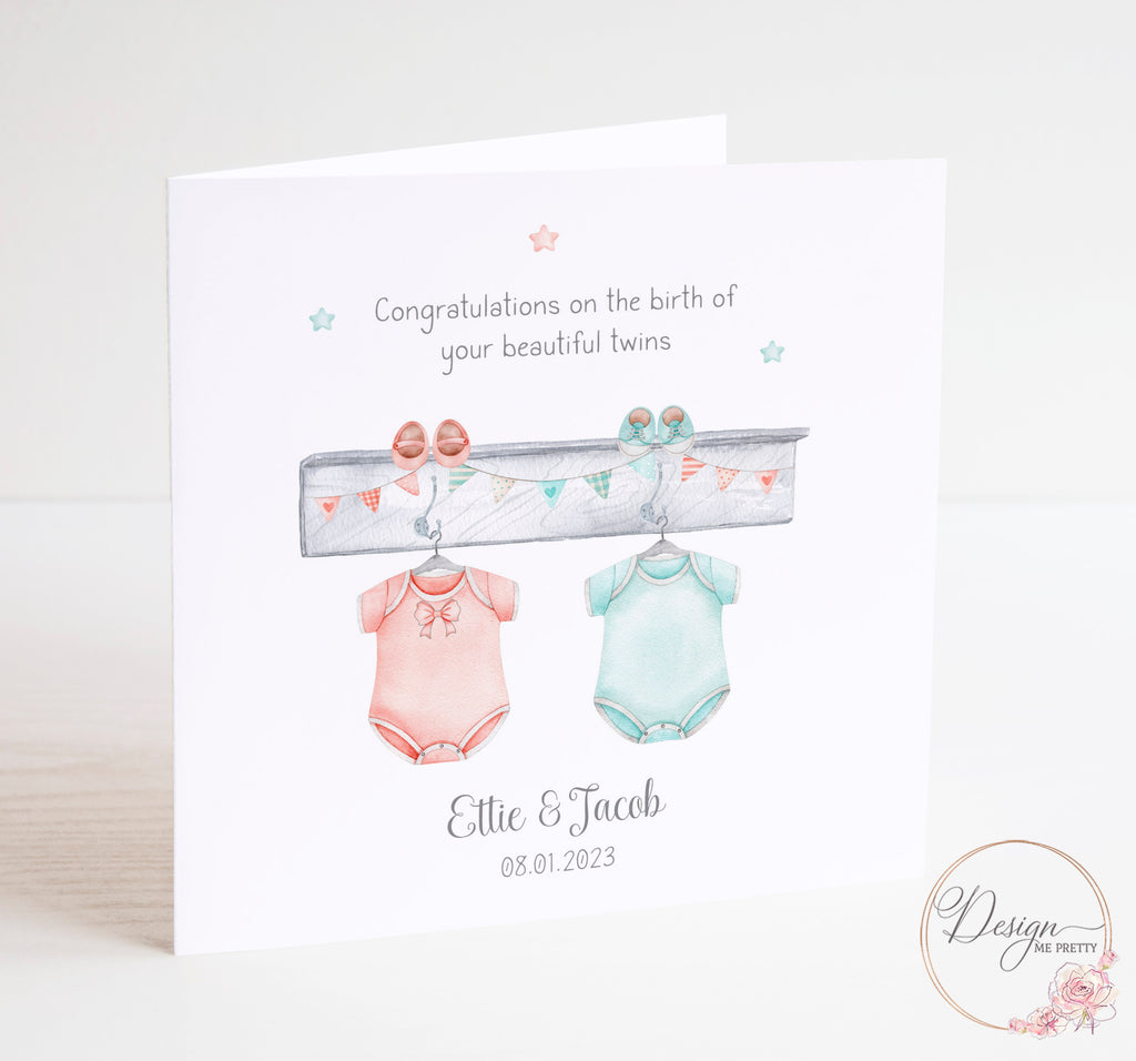 Personalised New Baby Card - Twins Boy & Girl