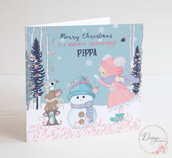 Cute Girls Christmas Card with Snowman & Friends