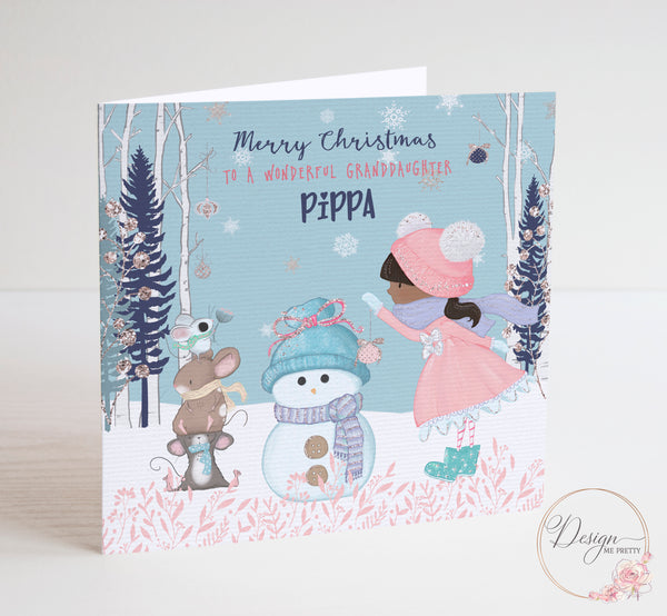 Cute Girls Christmas Card with Snowman & Friends